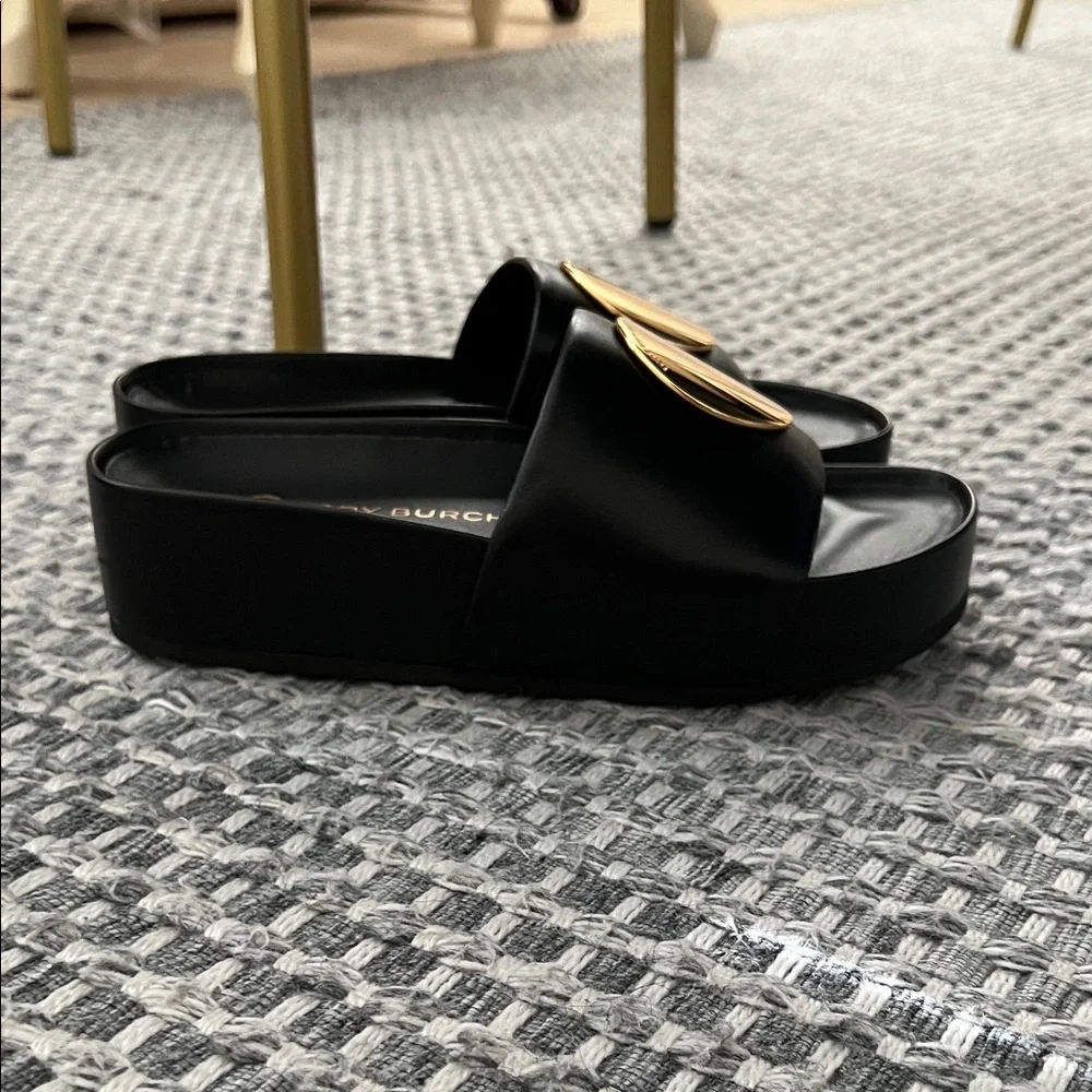 Tory Burch Black Slide Sandals with Gold Medallion Accent